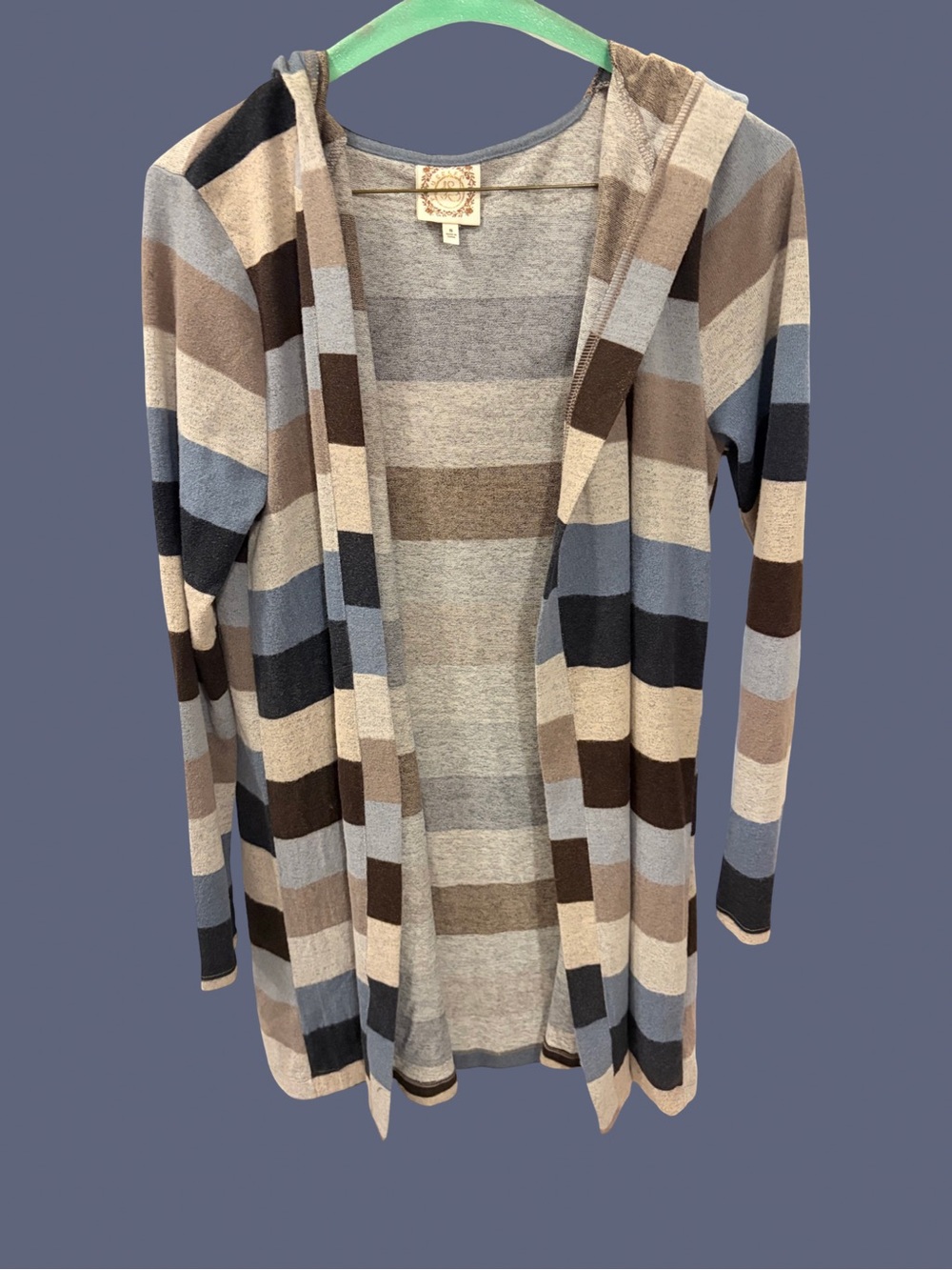 Striped Hooded Open-Front Cardigan - Blue, Brown, Cream